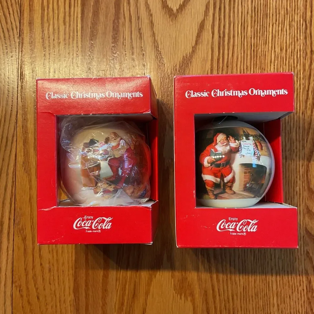 2 VTG Coca-Cola Classic Christmas Santa Ornament 1960s - Corning Glass X-MAS